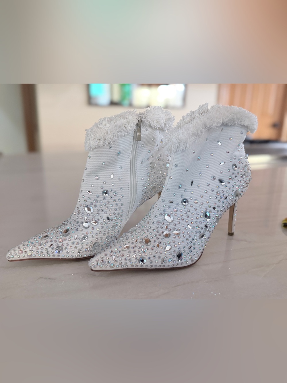 Size 9 rhinestone white denim booties.